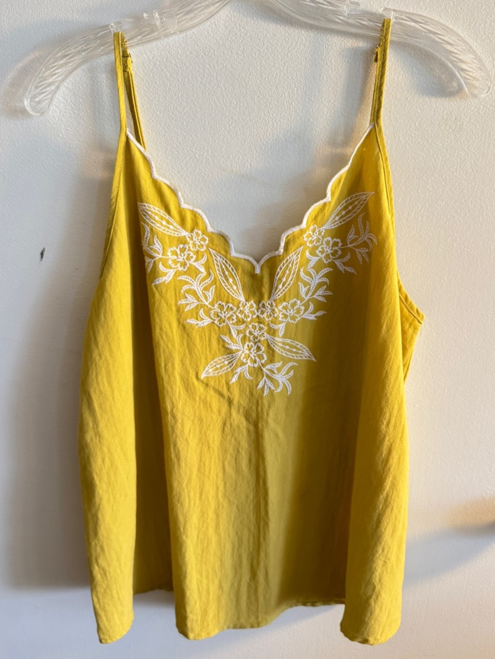 Mustard Yellow Floral Embroidered White Trim Cami Tank Top Boho Whimsical
